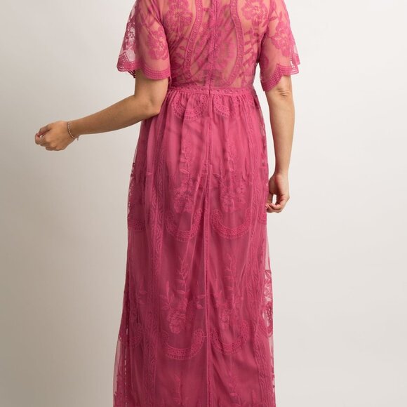 PinkBlush Magenta Lace Mesh Overlay Maternity Maxi Dress - Picture 3 of 5